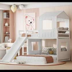 Harper & Bright Designs
White Wood Frame Twin over Full House Bunk Bed with Slide, Roof and Windows