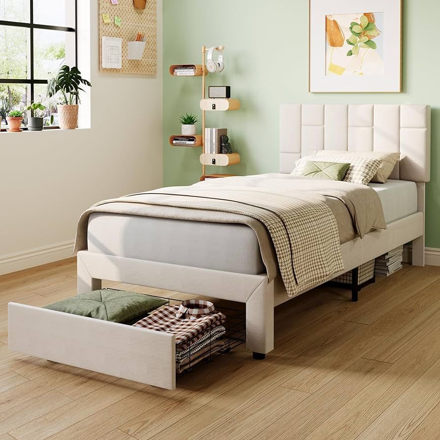 Twin XL Bed Frame with Under-Bed Drawer, Platform Upholstered Bed with Headboard, No Box Spring Needed/Noise-Free, Beige