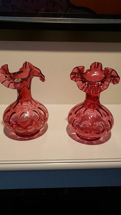 Set of Two Matching Fenton Art blown Glass Red Cranberry Ruffled Lip Coin Vase Vintage 8". LIKE NEW.