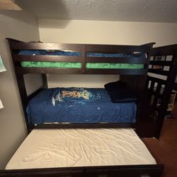 Beautiful Dark Wood Bunk Bed With Drawers And Trundle