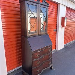 Antique Walnut Serpentine Secretary Desk Chippendale Style Bookcase