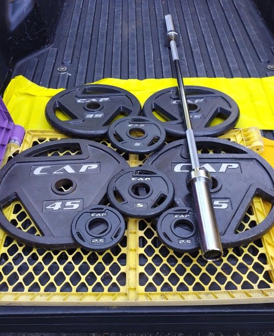 PAIR OF OLYMPIC CAP PLATES & NEW 5 FOOT BARBELL BAR (PAIRS OF) : 45s 35s 5s 2.5s