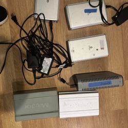 6 external hard drives total. 1 seagate, 2 maxtor, 3iomega. All work. Some power cords are missing.