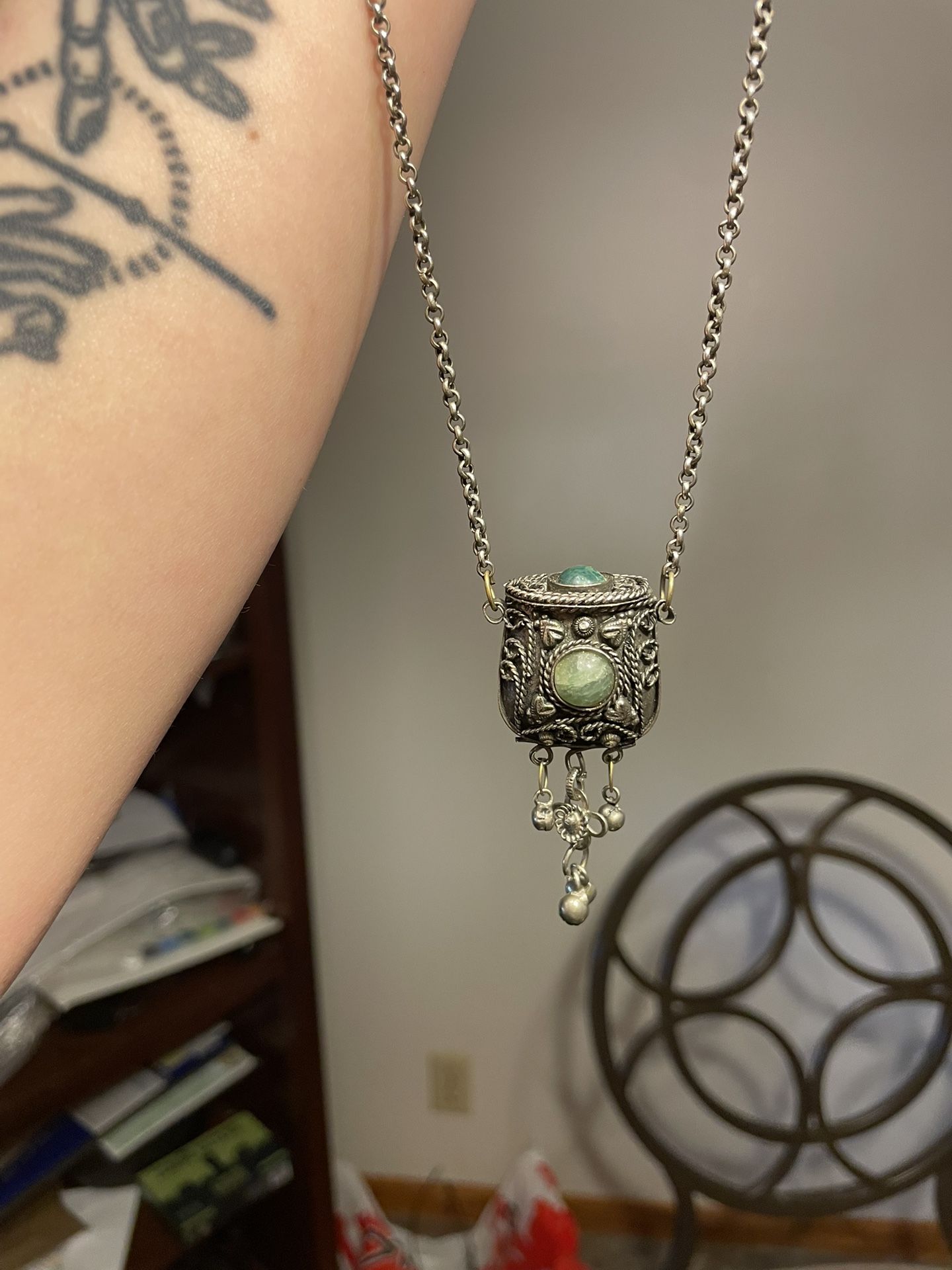 Vintage Metal Coin Purse Necklace with Real Jade Stone