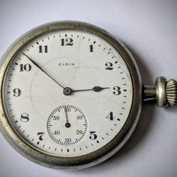 Large ELGIN antique Silver - ode antique pocket watch. 17 Jewels. Not working. Does not wind. Seems wound tight. Missing bow on stem.  Stem/crown seem