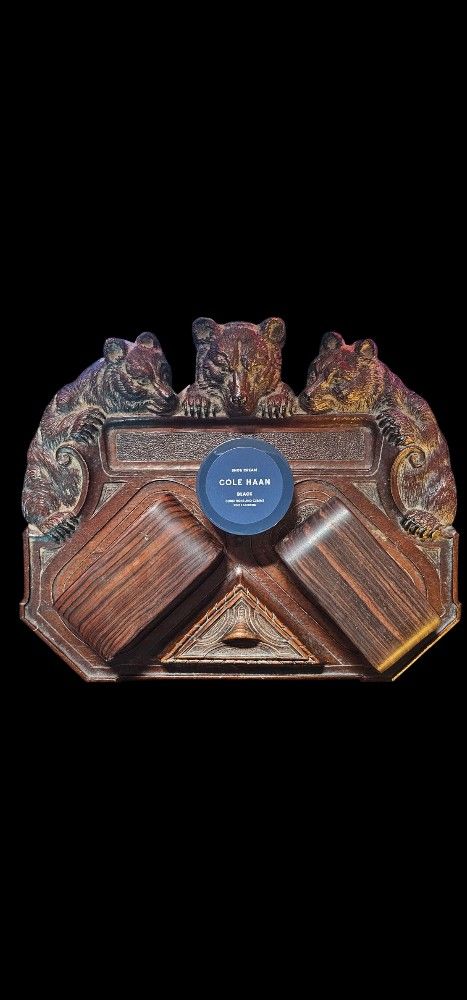 Antique Brass Bronze Desk Tray/Trinket/Cards Holder Black Forest 3 Bears