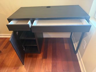 Dark Gray Wood Desk with Drawers and Cabinet