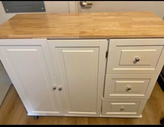 White Farmhouse Kitchen Island w/ Butcher Block Top