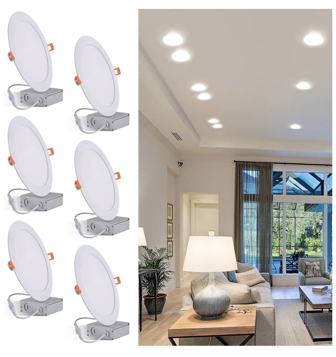 JARLSTAR 6 Pack 8 Inch Ultra Thin LED Recessed Ceiling Light with Junction Box