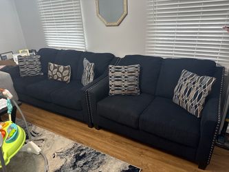 Navy Blue Fabric Sofa with Nailhead Trim