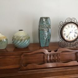 Ceramic Teal, Brown, And Tan Vases With a Brown Clock