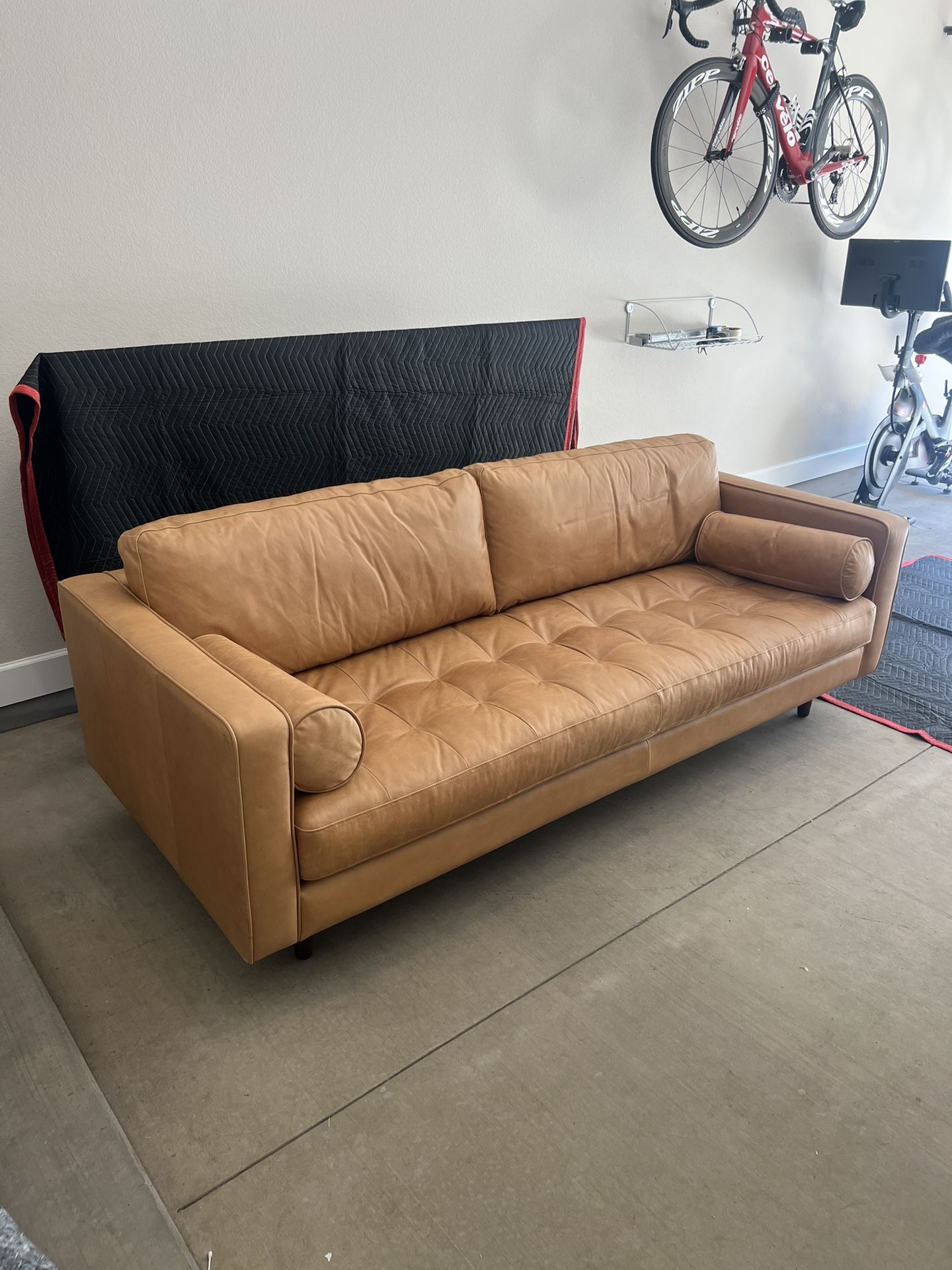 Tufted Leather Sofa & Ottoman - Charme Tan