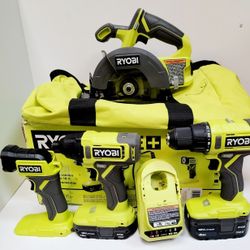 Ryobi ONE+ 18V cordless tool set includes 1/2 inch drill driver, 1/4 inch impact driver, 5-1/2 inch circular saw, and LED work light. Kit has one 4.0A