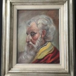 Vintage Philosopher / Bearded Old Man Portrait Oil Painting, Framed 