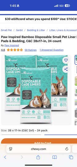 Bamboo Disposable Small Pet Liner Pee Pads & Bedding 28x17-in, 24 count