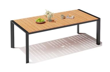 85-in Large Patio Plastic-Wood Top Aluminum Frame Rectangle Outdoor Dining Table 38.98-in W x 82.68-in L with Umbrella Hole