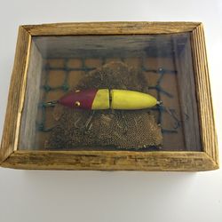 Collectible, vintage jointed, wooden fishing, lure, shadowbox display