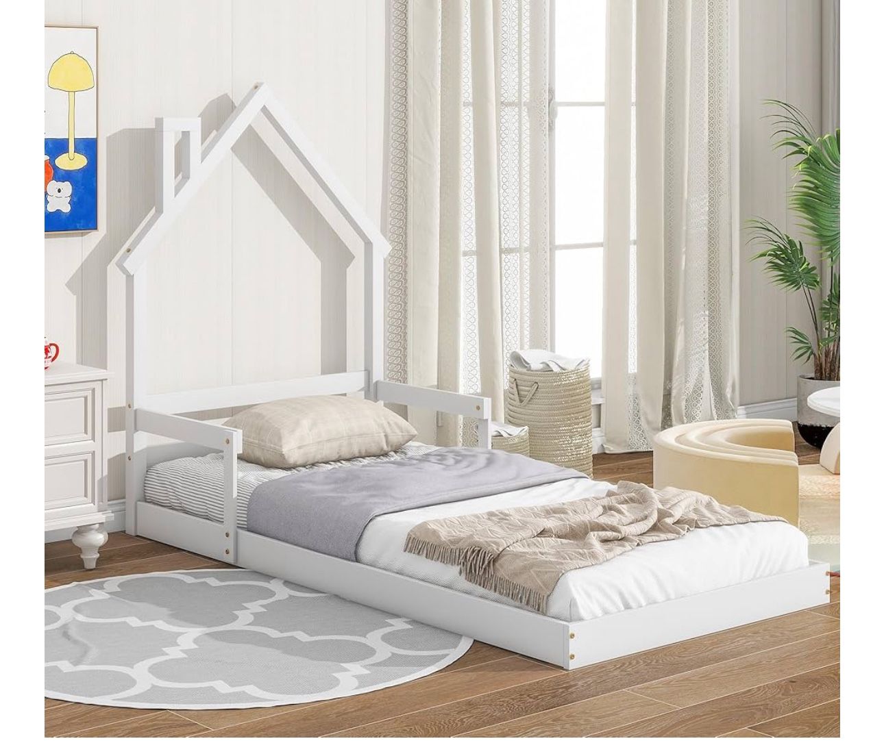 Twin Size House-Shaped Headboard Floor Bed for Kids,Montessori Floor Bed with Handrails and Slats,Wood House Bed Twin for Girls,Boys