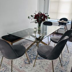 Gorgeous Glass Top Dining Table, 4 Grey Velvet And Bench!!!