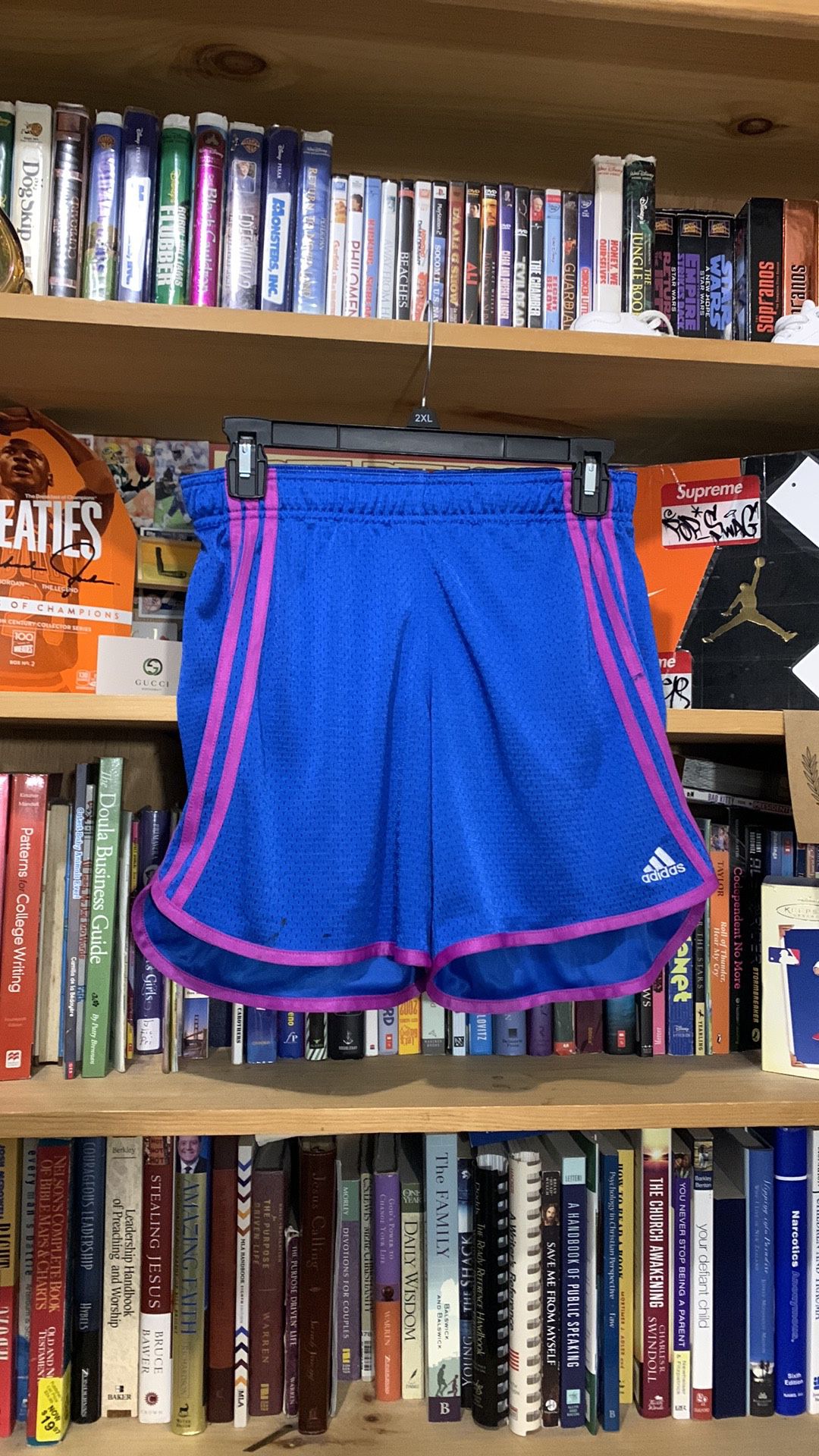 ADIDAS-women’s small blue/purple trim stretch waistband athletic/running shorts