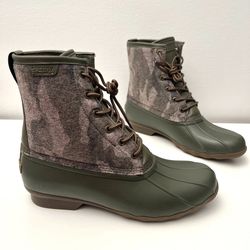 Sperry Saltwater Rain Boots Olive Green/Camouflage Water Resistant Men’s Size 10