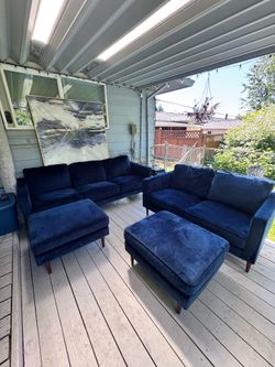Navy Blue Velvet Sofa, Loveseat, and Ottoman Set