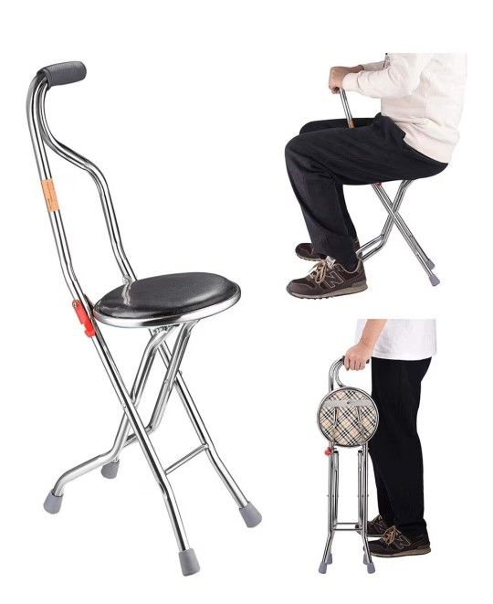 Medical Folding Walking Stick with Seat Four Legged