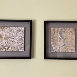 2 Framed Maps. NYC and London