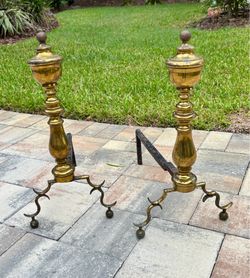 Antique Brass & Cast Iron Fireplace Andirons Pair 20" Colonial Federal