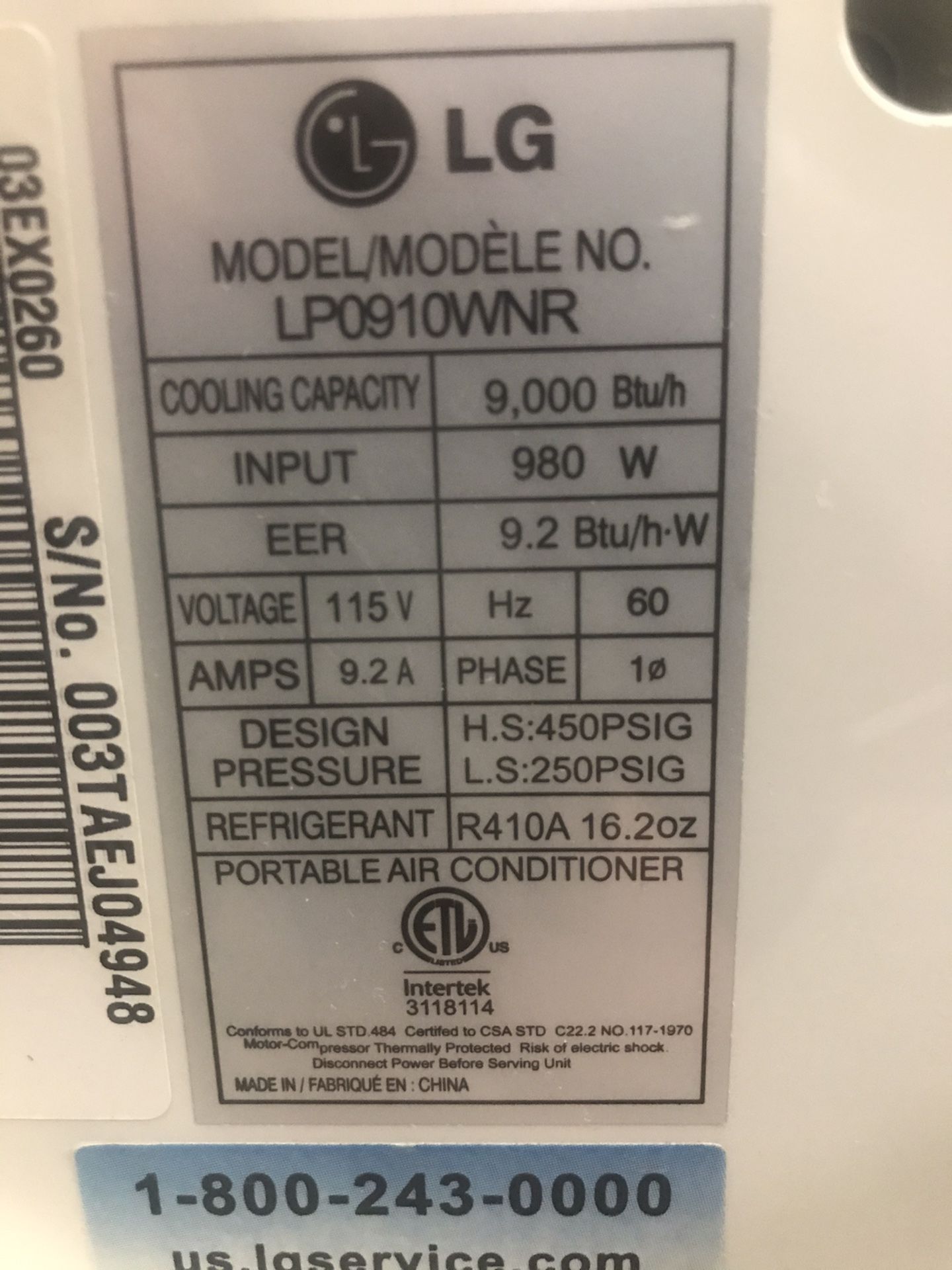 LG LP0910WNR 9,000 BTU Portable Air Conditioner with remote for Sale in