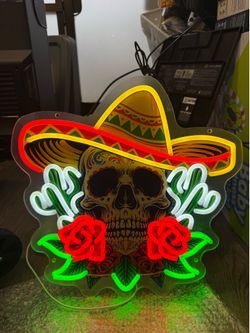 Vibrant Skull And Roses Neon Sign