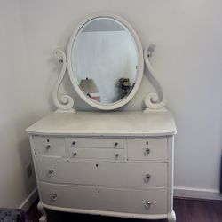 Beautiful Antique Dresser Mirror Bureau White Distressed Wood Bedroom