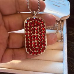 18” Rhinestone Red Dog Tag Necklace 