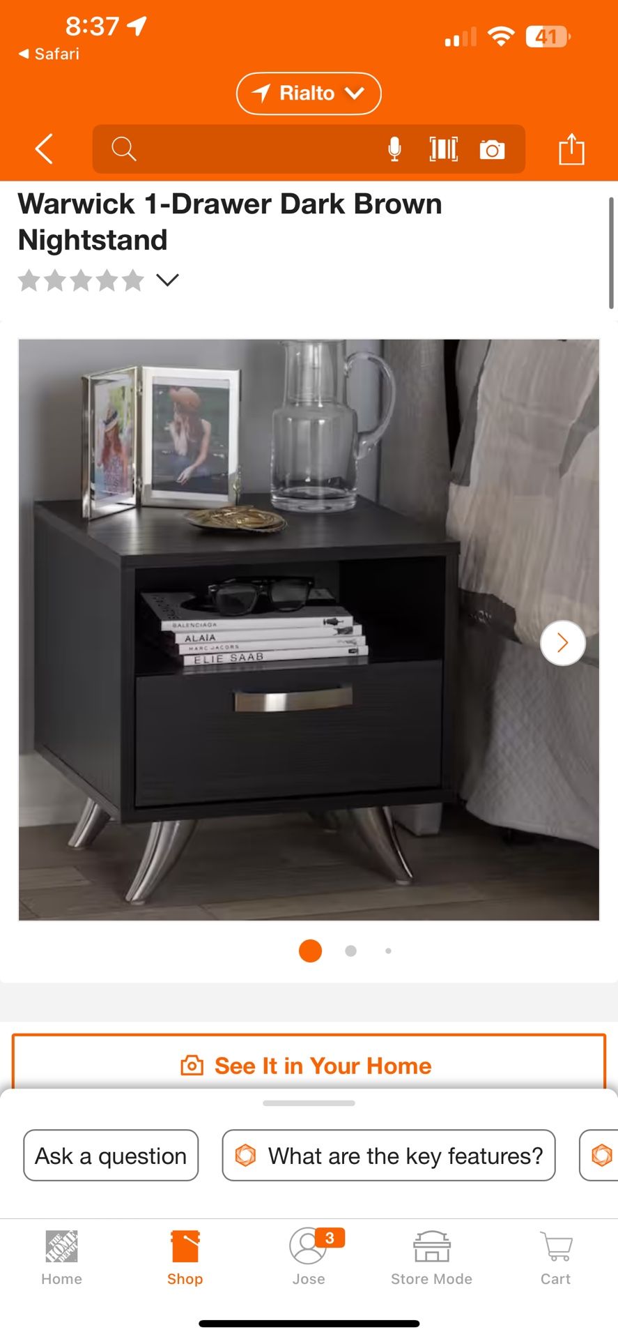 Warwickw 1-Drawer Dark Brown Nightstand