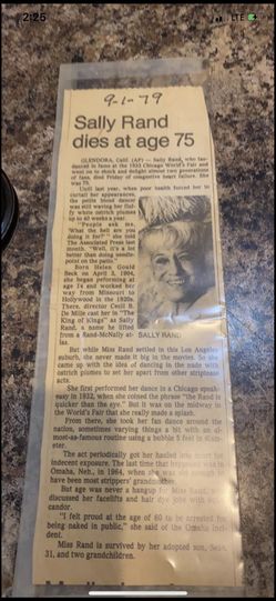 Sally Rand Famous Burlesque dancer movie reels 1933 Chicago world’s fair and newspaper article