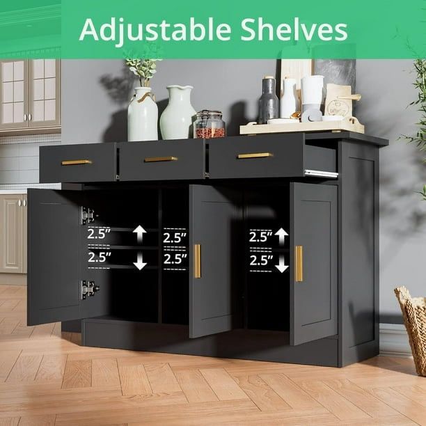 Black Kitchen Buffet Cabinet, Black Kitchen Storage Cabinet with 3 Doors and 3 Drawers, Black Buffet Sideborad for Dining Room, Dining Room
