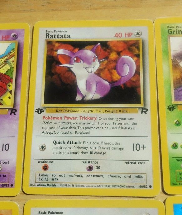 LP WOTC 1st Edition Mankey Magikarp Meowth Abra Rattata Grimer Team Rocket Pokemon  Cards