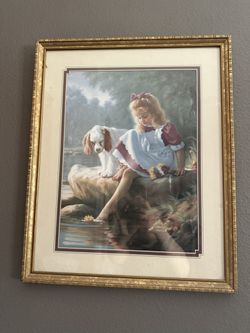 21x17 Print. Girl And Dog At Shore