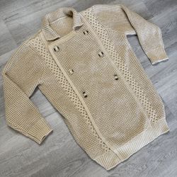Beige Cream Chunky Cable Knit Double Breasted Fisherman Peacoat Sweater Large