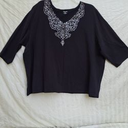 LIZ & ME BLACK 3/4 LENGTH SLEEVE SHIRT W/SILVER DESIGN WOMENS PLUS SIZE 4X 30/32