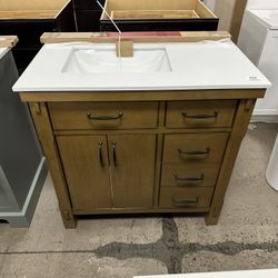 Bellington 36 in. Single Sink Almond Toffee Bath Vanity with White Engineered Stone Top (Assembled)