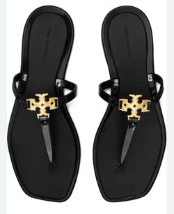Tory Burch Mini Miller Jelly Sandals Women SZ 7 Black Gold Logo Flip Flop Resort used Tory Burch