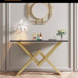 Black & Gold Narrow Sofa Console Table Entryway Table With Trestle Metal Base