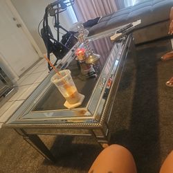 glasstop mirrored coffee table with 2 tables and living room set
