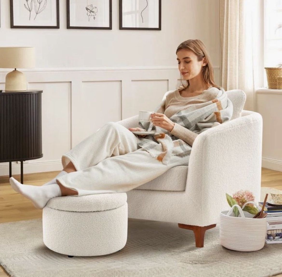 đź’ĄBlow Out Saleđź’ĄSherpa Accent Chair with Storage Ottoman Set, Upholstered Barrel Club Arm Chair