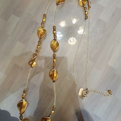 Vintage Hilary London Long Necklace Glass Beads Gold Amber