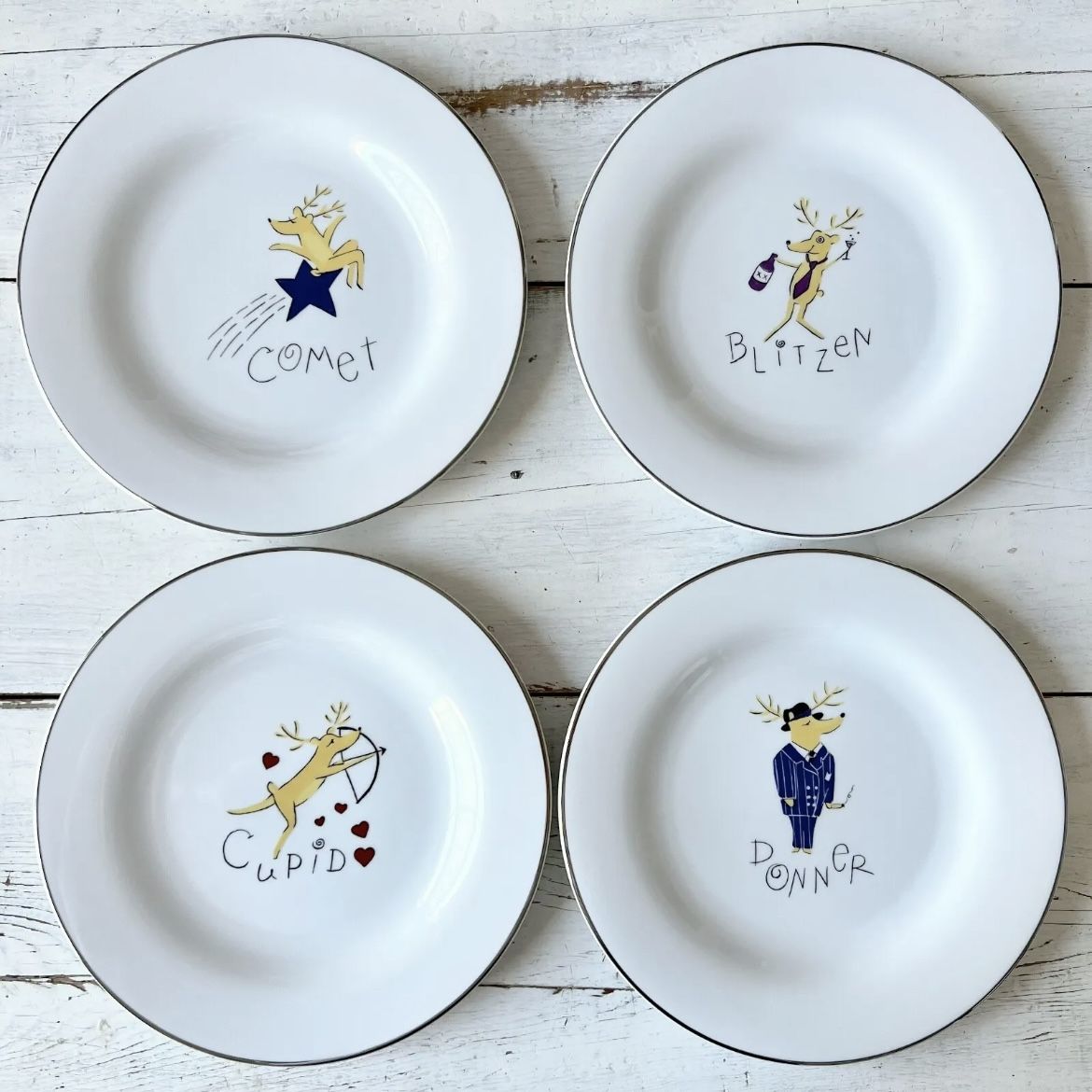 Pottery Barn JAPAN Reindeer Dinner Plates 11" Comet Cupid Donner