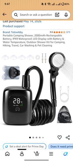 Portable Camping Shower, 2000mAh Rechargeable Battery, IPX9 Waterproof, LED Display with Battery & Water Temperature, Outdoor Shower Kit for Camping, 