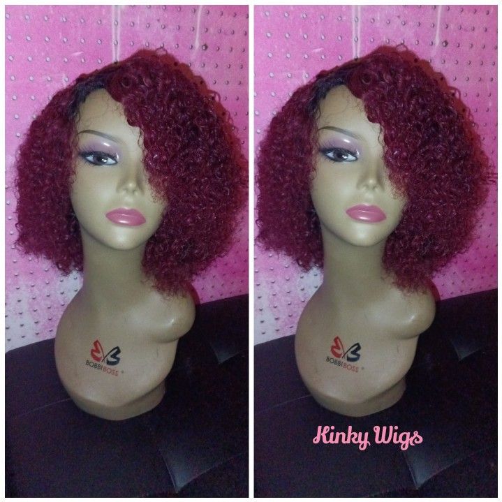 12" Human Remy Bohemian Kinky Curly Deep Wave Burgundy Glueless Hair Wig 
