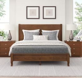 Yolo Brown Walnut Solid Red Oak Wood Frame Queen Size Platform Bed Frame with Headboard Wooden Slat Support